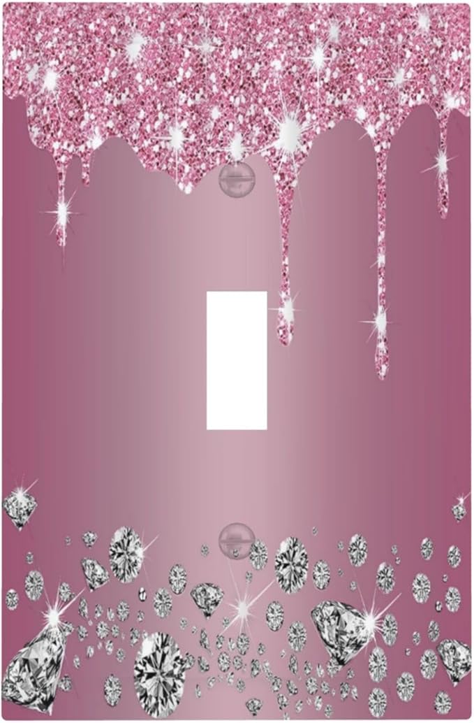 Sparkling Diamonds Pink Silver Glitter Drops Print 1 Gang Light Switch Covers Decorative Unique Single Toggle Wall Plate Switchcover Electrical Switchplate for Kitchen Bathroom Bedroom Decor