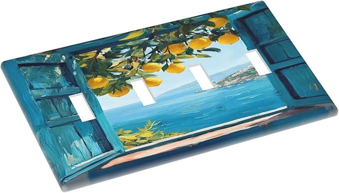Window View Coastal Lemon Tree Mediterranean Landscape Light Switch Covers Quad Toggle Electrical Faceplate 4 Gang Wall Plate Decorative Switch Plates Cover for Bedroom Living Room Decor