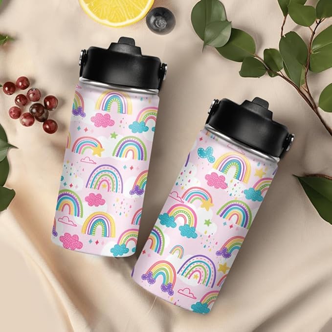 Kids Water Bottle Rainbow Water Bottles 12oz with Straw Insulated Stainless Steel Travel School Tumbler Double Wall Vacuum Cup for Girls Kid