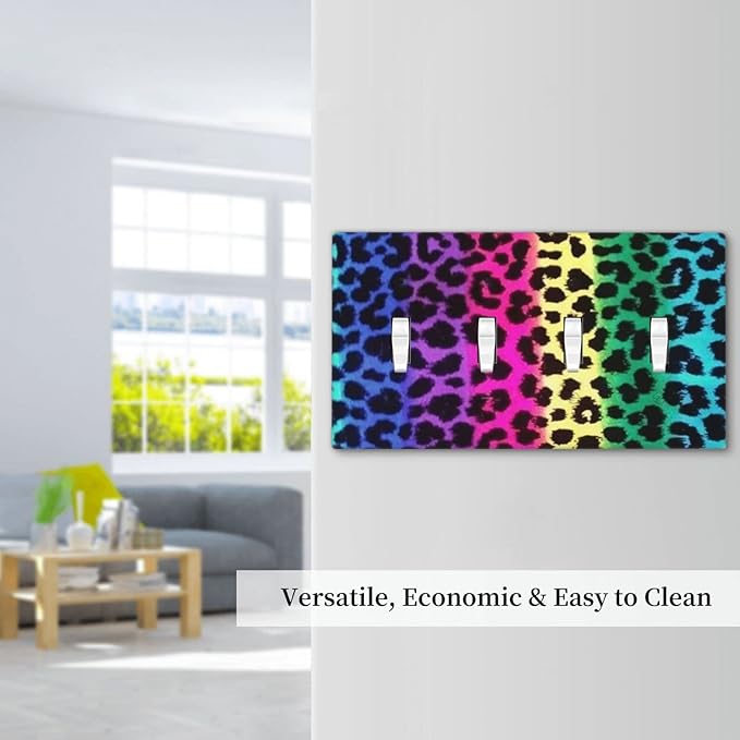 Rainbow Colorful Leopard 4 Gang Light Switch Cover Decorative Quad Toggle Wall Plate Decorative Electrical Faceplate For Girls Boys Home Bedroom Decorate Large Size 8" x 4.5