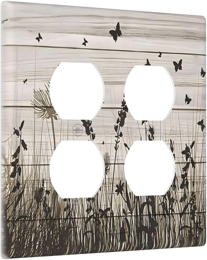 Wildflower Butterfly Grass Dandelion Vintage Wooden Print Outlet Covers 2 Gang Double Duplex Decorative Light Switch Covers Electrical Wallplates Socket Faceplate for Farmhouse Home Decor