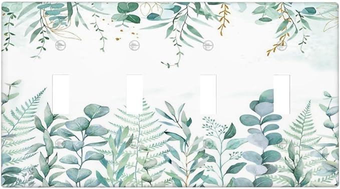 Boho Green Eucalyptus Leaf Floral Sage Flower Light Switch Covers Quad Toggle Electrical Faceplate 4 Gang Wall Plate Decorative Switch Plates Cover for Bedroom Living Room Decor