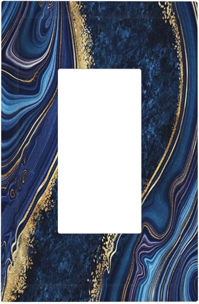 Navy Marble 1 Gang Rocker/Decora Outlet Light Switch Wall Plate Cover Faceplate Dark Blue Abstract Gold Decorative Royal Modern Standard Boys Bathroom Grey Luxury Bedroom Decorate