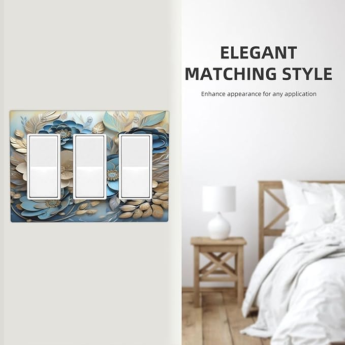 Decorative Art Light Switch Covers Blue and Creamy Floral 3 Gang Triple Rocker Outlet Switch plate GFCI Faceplate GFCI for Home Decor