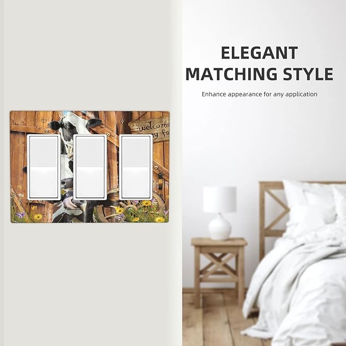 Decorative Switch Plate Covers Farm Cow Farmhouse Barn Door Rustic Vintage Wooden 3 Gang Triple Rocker Decora Light Switch Cover Country Wildlife Funny Outlet Wall Plate Electrical Faceplate GFCI