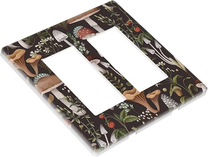 Vintage Boho Hippie Plant Mushroom 2 Gang Double Rocker/Decora Light Switch Cover Decorative Outlet Wall Plate Electrical Faceplate Home Family Art Decor Screwless