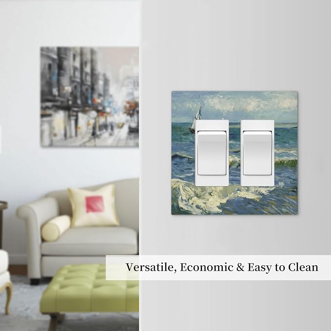 Nautical Ocean Waves Sailboat Painting Blue Sky Decorative Outlet Covers 2 Gang Double GFCI Rocker Electrical Wall Panels Light Switch Cover Plate for Bathroom Bedroom Decor