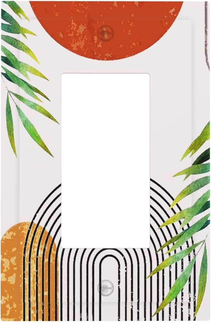 Abstract Boho Modern Mid Century Bohemian Sun 1-Gang Decorator Rocker Outlet Light Switch Cover Orange Minimalist Arch Leaf Decorative Single Device GFCI Receptacle Switch Wall Plate Dimmer Mid Size
