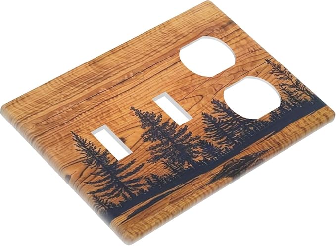 Country Forest Pine Tree Woodland Woods 3-Gang 2-Toggle 1-Duplex Device Combination Wall Plate, Retro Vintage Wood Wooden Three Gang Combo Two Toggle/One Duplex Receptacle Outlet Light Switch Cover