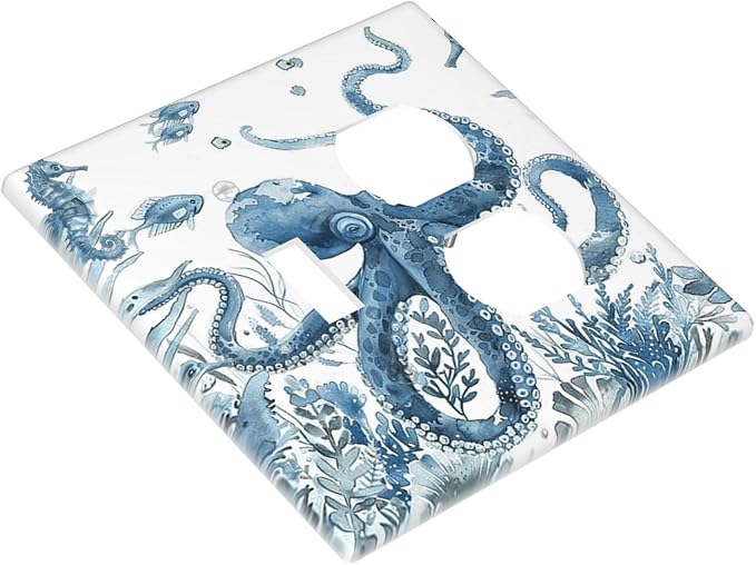 Blue Octopus Squid Seahorse Coral Watercolor Wild Sealife Wallplates 1 Toggle 1 Duplex Switch Plate Electrical GFCI Faceplate Decorative Light Switch Covers for Bathroom Kids Room Decor