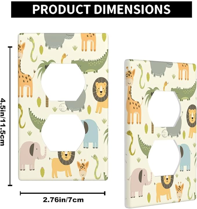 Cartoon Animal Outlet Covers Cute Hippo Crocodile Lion Elephant And Giraffe Funny Wildlife 1-Gang Wall Plate Duplex Standard Receptacle Plug Cover for Boys Girls Room