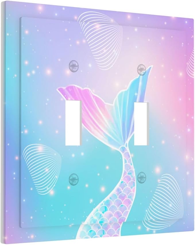 Mermaid 2 Gang Light Switch Cover Rainbow Tail Scales Jelly Fish Double Toggle Wall Plate Decorative Electrical Switchplate Covers for Nursery Girls Boys Room Kids Room Decor