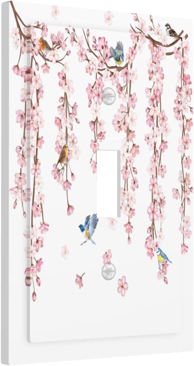 Pink Cherry Blossom Flower Vine Floral Tree Branch Birds Decorative Light Switch Cover 1 Gang Single Toggle Device Electrical Faceplate Switchplates Decorator Outlet Wall Plate for Bedroom Living Room