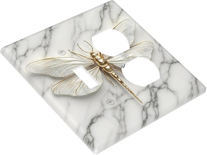 White Gold Marble Dragonfly Abstract Modern Wallplates 1 Toggle 1 Duplex Switch Plate Electrical GFCI Faceplate Decorative Light Switch Covers for Bathroom Home Decor