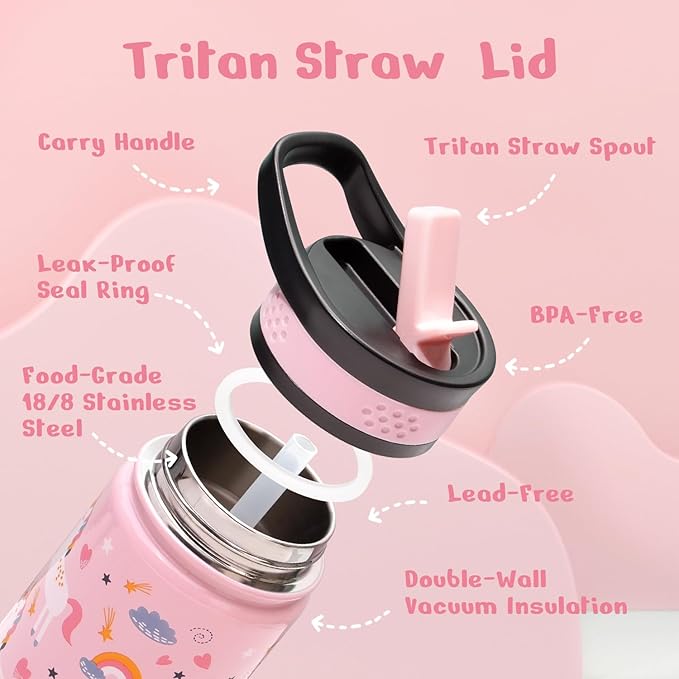2-Pack Kids Water Bottle, BUZIO 14 oz Toddler Stainless Steel Insulated Water Bottles with Tritan Straw Lid, Leak Proof BPA-Free Wide Mouth Drink Flask for Shcool Boy Girl (Pink Unicorn+Blue Dinosaur)