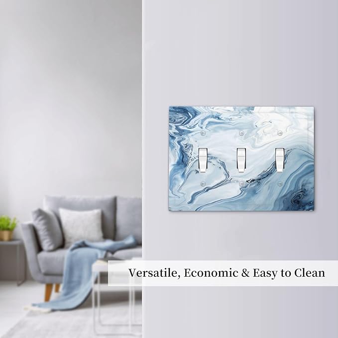 Blue Marble Abstract Ombre Chic Luxury Print Decorative Switch Plates 3 Gang Wall Plate Triple Toggle Light Switch Cover Faceplate Electrical Wall Panels for Bathroom Living Room Decor