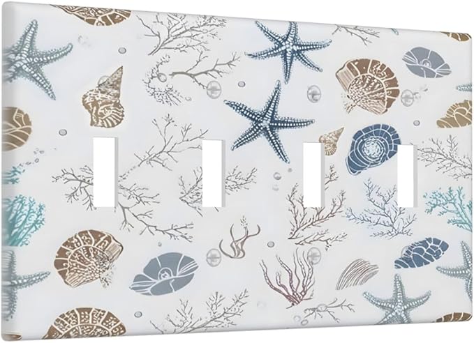 Ocean Starfish Seashells Nautical Coastal Sea Coral Light Switch Covers Quad Toggle Electrical Faceplate 4 Gang Wall Plate Decorative Switch Plates for Kids Room Nursery Decor