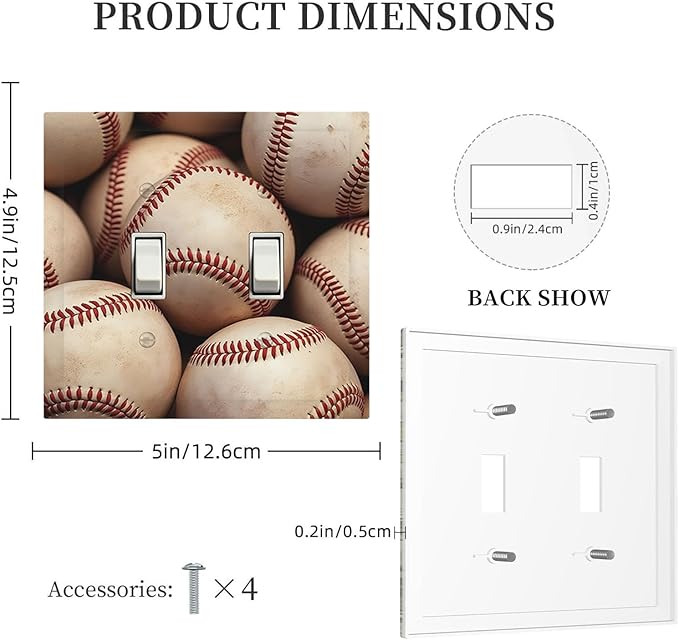 Vintage Baseball Double Toggle Switch Cover - 2-Gang Standard US Size Americana Baseball Light Switch Covers for Sports Fan Decor