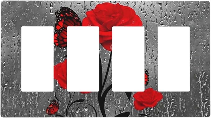 Butterfly Red Rose Flower 4 Gang Quad Rocker/Decor Light Switch Cover Plate Decorative Electrical Faceplate For Girls Bathroom Room Decorate Jumbo Size Screwless 8.3" x 4.6