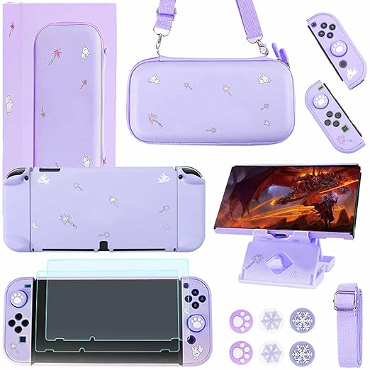 GUTIAL Accessories Bundle for Nintendo Switch OLED - Purple Girly Accessories Kit for Nintendo Switch Oled with Carry Case Screen Protector Cover Case kawaii Stand Cute Thumb Grips for Girls - Purple