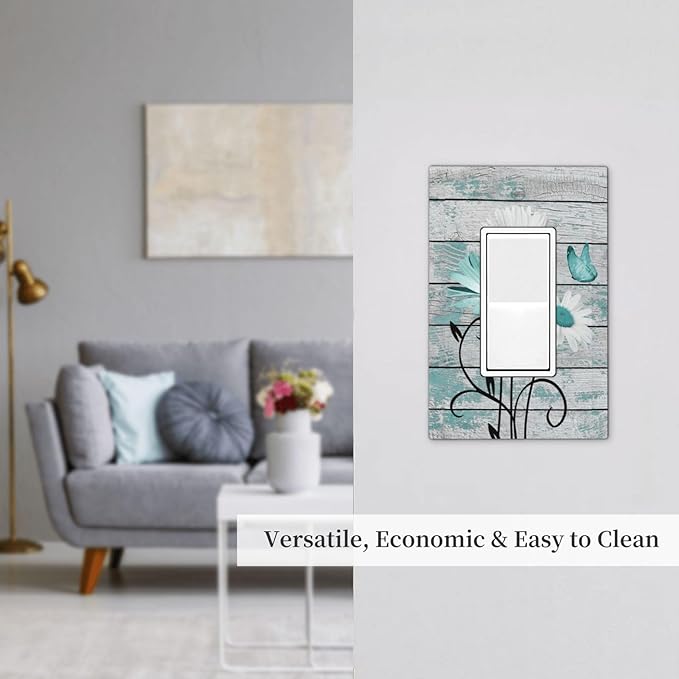 Teal White Daisy Flower Butterfly On Rustic Wood Board Decorative Outlet Covers 1 Gang Single Rocker Light Switch Cover Plate Wall Plates GFCI Faceplate for Farmhouse Bedroom Decor