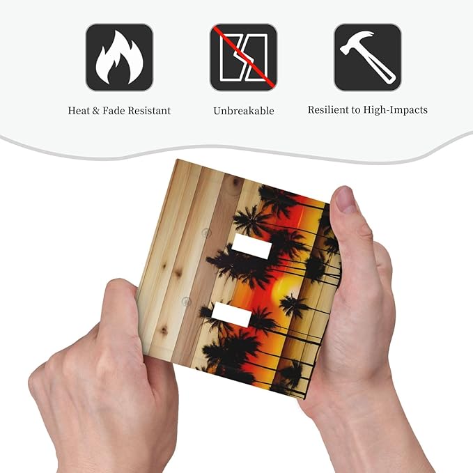 Sunset Beach Coconut Palm Tree Wooden Background Decorative Switch Plates 2 Gang Double Toggle Outlet Light Switch Cover Wall Plate Electrical Faceplate for Bedroom Living Room Decor