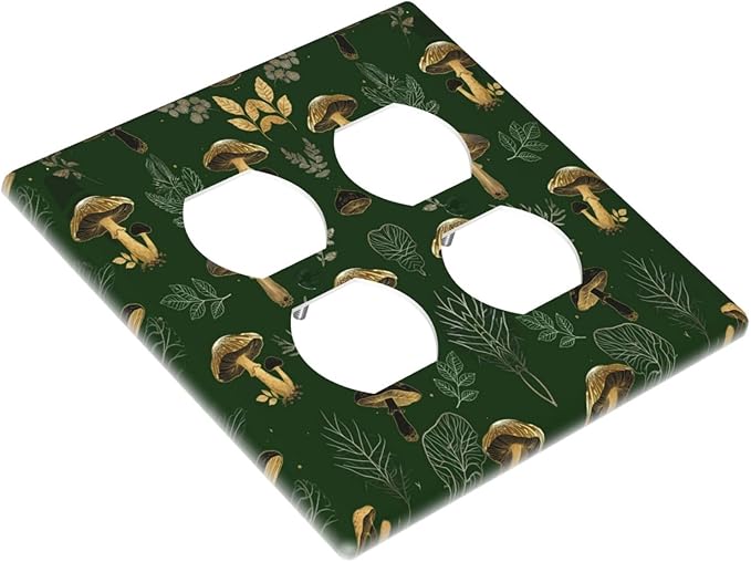 Decorative Outlet Covers Cute Gold Mushtroom Green Plant Leaf 2 Gang Light Switch Cover Plate Double Duplex Wall Plates for Electrical Outlets Switch Plate Covers for Bedroom Home Decor