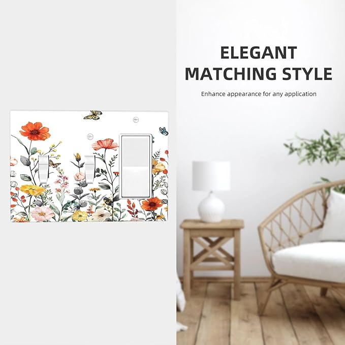 Colorful Butterfly Blossom Flower Floral 3-Gang 2-Toggle 1-GFCI/Decorator Combination Light Switch Decorative Triple Combo Device Switches/Rocker Outlet Covers and Wall Plate