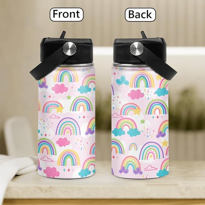 Kids Water Bottle Rainbow Water Bottles 12oz with Straw Insulated Stainless Steel Travel School Tumbler Double Wall Vacuum Cup for Girls Kid