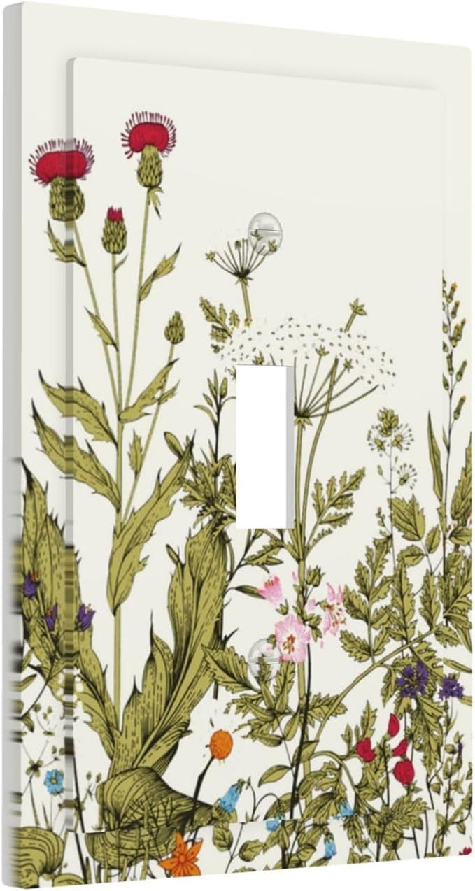 Country Rustic Colorful Flowers Floral 1 Gang Toggle Light Switch Plate and Outlet Cover Spring Garden Botanical Plant Wildflower Blossom Decorative Single Toggle Switch Face Socket Plug Wall Plate