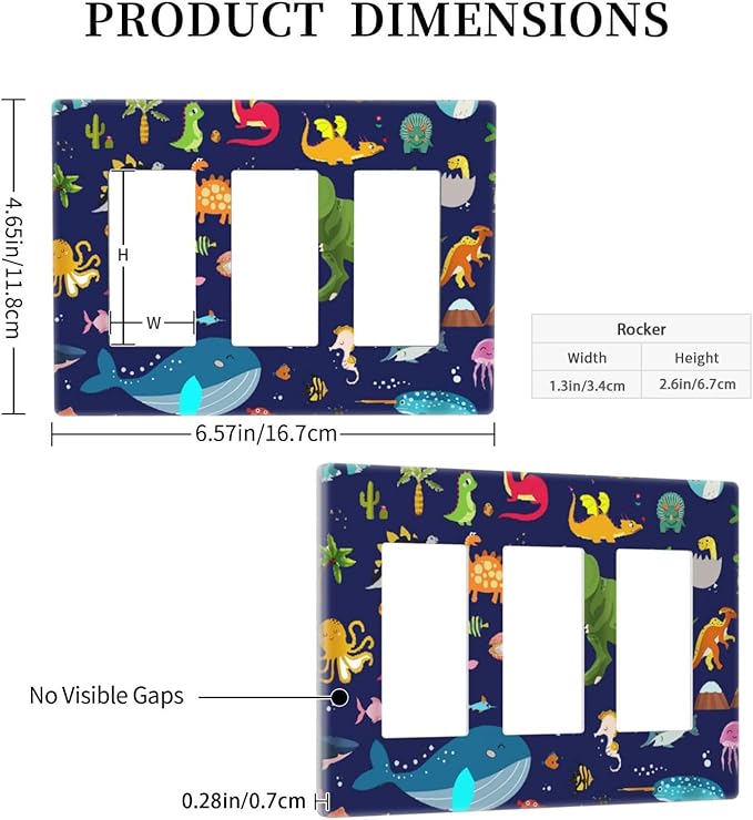 Cartoon Funny Cool Green Dinosaur 3-Gang Rocker/Decorator Wall Plate Blue Sea Ocean Dolphin Marine Decorative Screwless Triple Device Light Receptacle GFCI Outlet Switch Faceplate Cover Dimmer