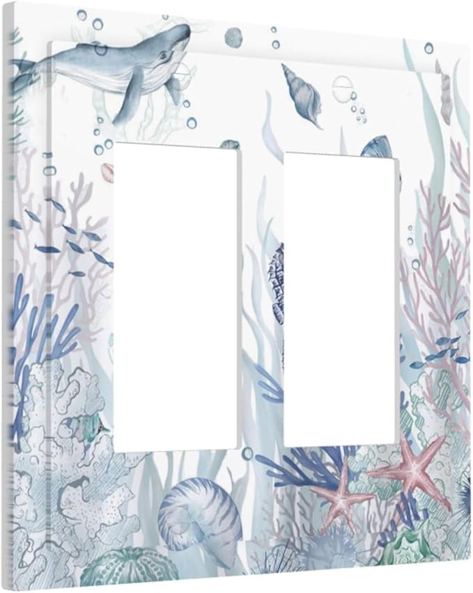 Ocean Themed Coral Seahorse Seashell Starfish Beach Decorative Outlet Covers 2 Gang Double GFCI Rocker Electrical Wall Panels Light Switch Cover Plate for Bathroom Home Decor