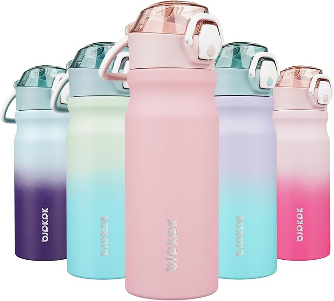 BJPKPK Water Bottle with Straw 18oz Insulated Water Bottles Reusable Stainless Steel Metal Thermal Flask with Leak Proof Lockable Lid and Carry Handle,Light Pink