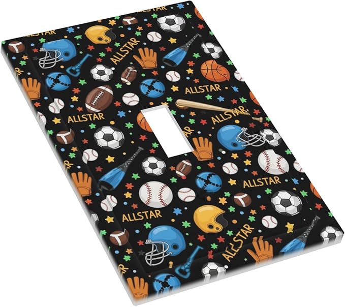 All Star Sports 1-Gang Toggle Light Switch Plate, Multi-Sport Football Baseball Basketball Decorative Wall Plate for Boys & Girls Room