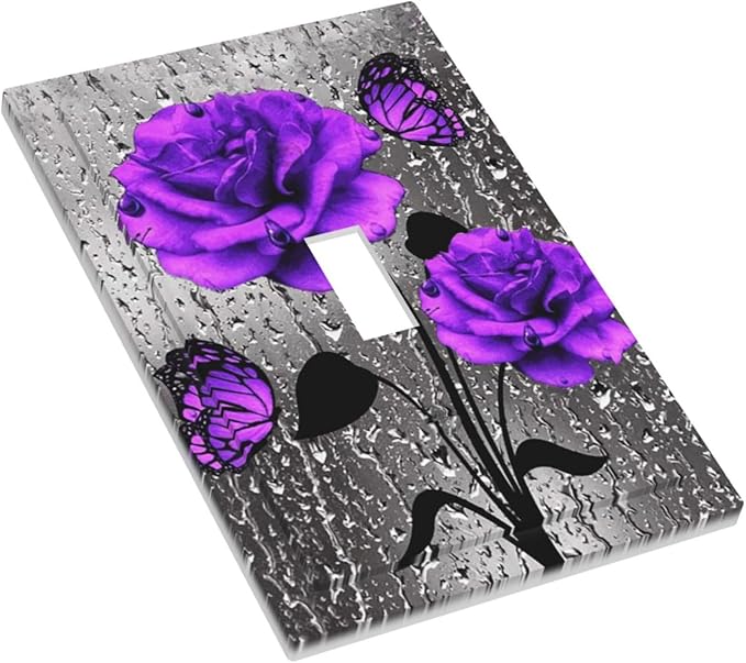 Purple Rose Butterfly Print Decorative Light Switch Cover 1-Gang Romantic Gray Blossom Flowers Floral Raindrops Art Single Toggle Wall Plate Electrical Device Outlet Switch Faceplate Cover Jumbo Size