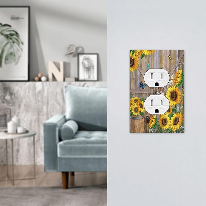 Rustic Sunflower Barn Door Wood Plank 1 Gang Outlet Plate Decorative Single Duplex Wall Plate Covers Electrical Receptacle Light Switch Cover Art Faceplate Switchplate for Farmhouse Bathroom Decor