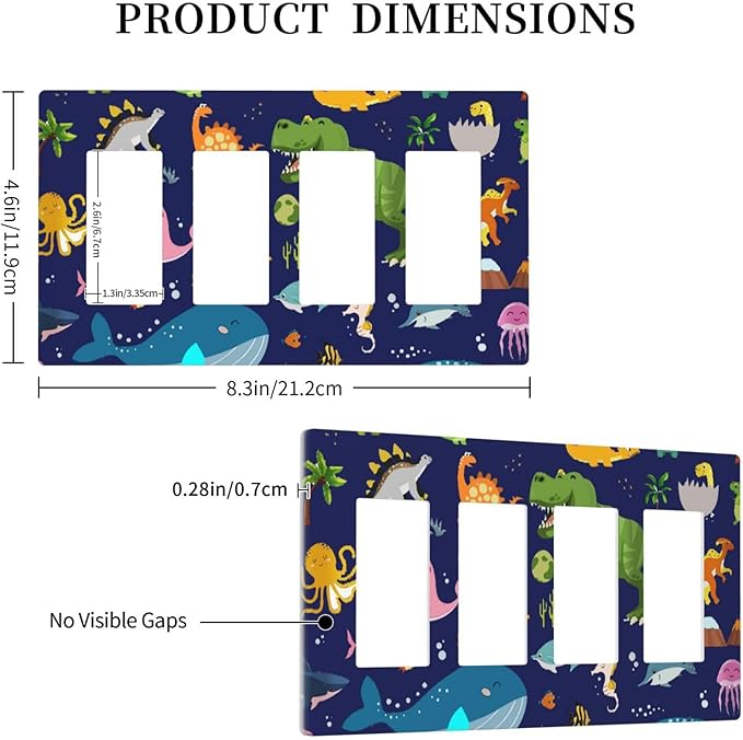 Kids Boys Cartoon Dinasour Ocean Animals Theme 4 Gang Quad Rocker Light Switch Cover Decorative Quadruple Device GFCI/Decorator Wall Plate Electric Faceplate Screwless