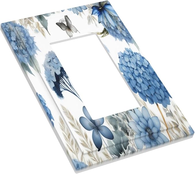 Blue Floral Hydrangea Floral Butterfly Flower Plant Decorative Outlet Covers 1 Gang Single Rocker Light Switch Cover Plate Wall Plates GFCI Faceplate for Bedroom Living Room Decor