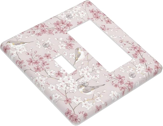 Pink Sakura Cherry Blossom Vintage Bird Floral Flower Outlet Covers 1 Toggle 1 Rocker Combination Decorative Wall Plate Electrical Switch Plates Light Switch Cover Plate for Bedroom Living Room Decor
