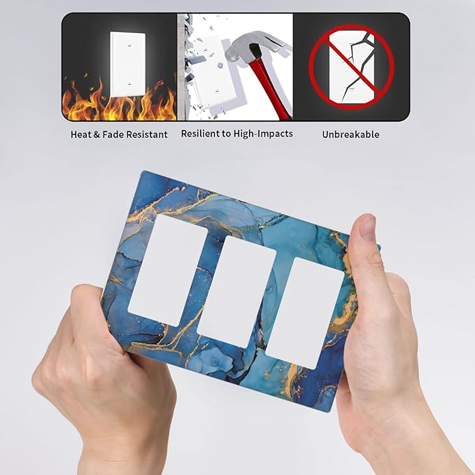 Blue Marble Triple Rocker Light Switch Plate Covers Decorative 3 Gang Decora Wall Plate Modern Ombre WatercolorInk Art Gifi Lightswitch Faceplate for Bathroom Kitchen 6.38" X 4.9"