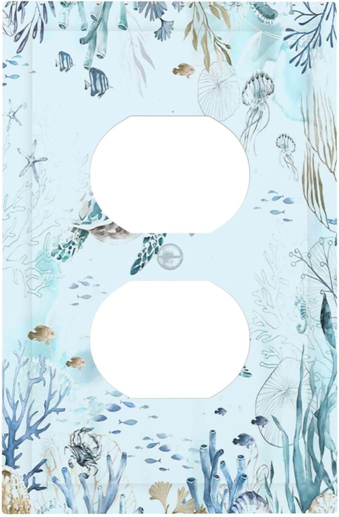 Outlet Covers Teal Blue Ocean Sea Turtle Seabed Plants 1 Gang Duplex Light Switch Cover Electrical Receptacle Faceplate Wall Plate Decorative Switch Plates for Bathroom Kids room Decor