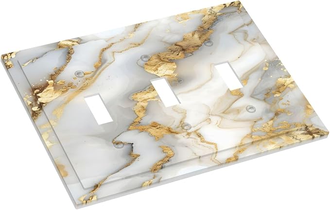 Luxurious White Gold Marble Patterns Abstract Decorative Switch Plates 3 Gang Wall Plate Triple Toggle Light Switch Cover Faceplate Electrical Wall Panels for Bathroom Kitchen Decor