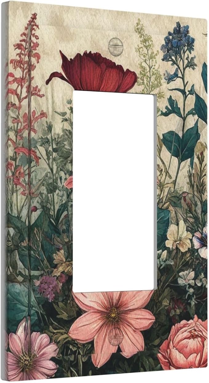 Decorative Outlet Covers Rustic Wildflower Red Floral Green Plant 1 Gang Single Decora GFCI Device Light Switch Covers Plate 1 Rocker Wall Plate Jumbo Face Plate for Switch Decor