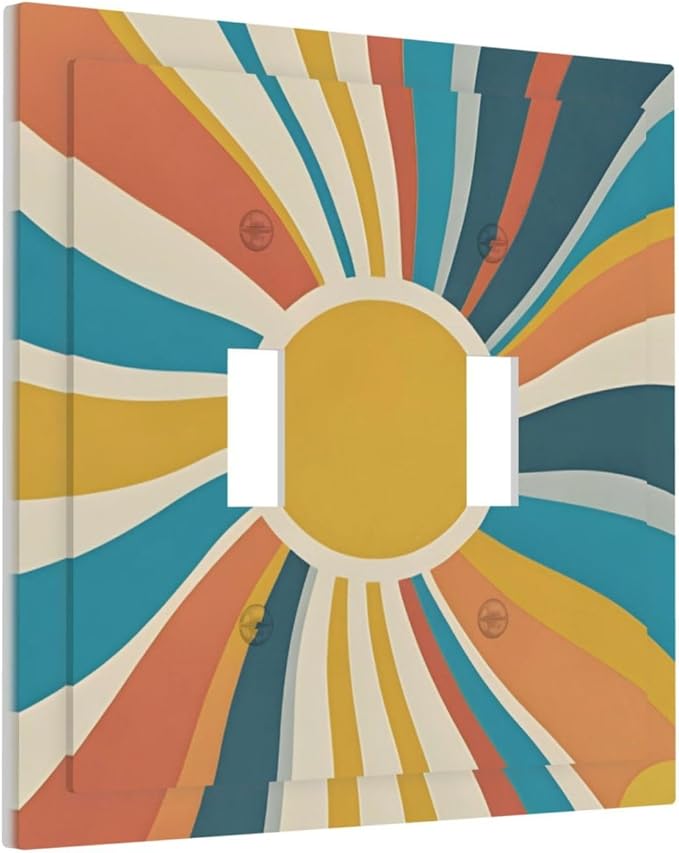 Decorative Switch Plate Cover with Retro Mid-Century Modern Sunburst Motif Design 2 Gang Wall Plate Unique Double Toggle Double Light Switch Covers for Abstract Teal/Yellow/Orange Wall Decor