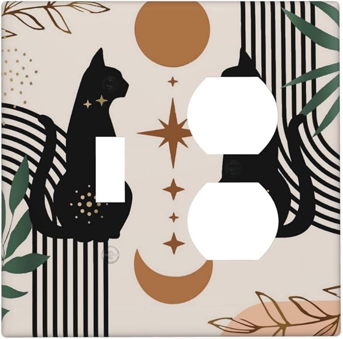 70s Mid Century Boho Abstract Cat 2 Gang 1 Toggle/Duplex Combo Outlet Light Switch Cover Wall Plate Electrical Faceplate Decorative Dual Device Switchplate
