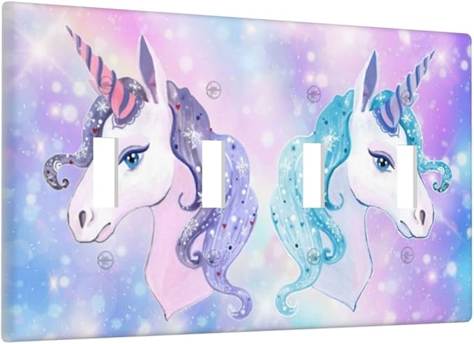 Girl Purple Pink Rainbow Blue Unicorn Decorative 4 Gang Quad Toggle Light Switch Cover Electric Large Size Quadruple Faceplate Decorative Switch Face Wallplate