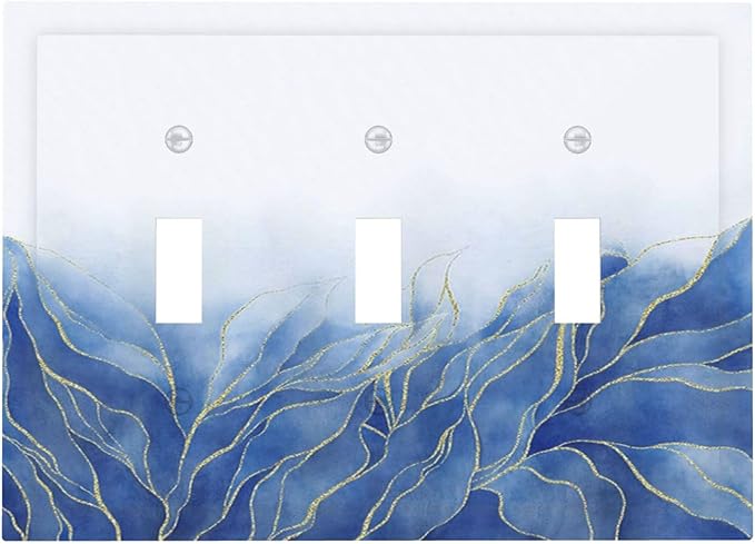 Light Switch Cover Plate Blue Gold Leaf Marble Modern Abstract 3 Gang Triple Toggle Decorative Switch Plates Wall Plates Electrical Switchplate Faceplate for Kitchen Bathroom Decor