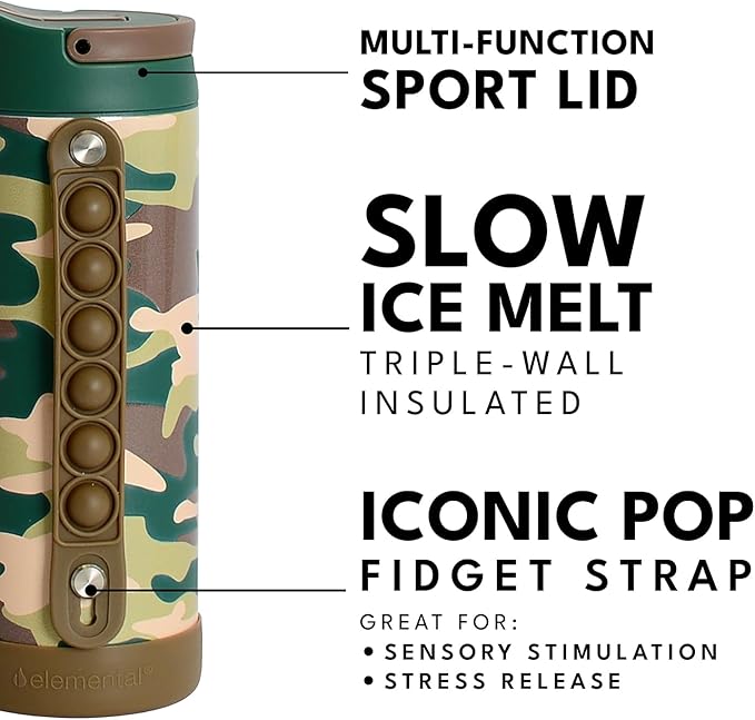 Elemental Iconic Kids Water Bottle for School - 100% Leak-Proof Insulated Water Bottles with Straw Lid & Pop-It Handle for Boys & Girls - Triple-Wall Insulated & BPA-Free, 14oz – Green Camo