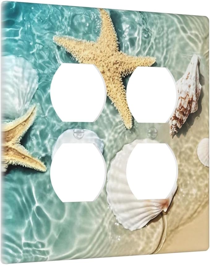 Outlet Covers Beach Starfish Ocean Conch Cameo Shell 2 Gang Double Duplex Decorative Light Switch Covers Electrical Wallplates Socket Faceplate For Decor Kids Room Decor