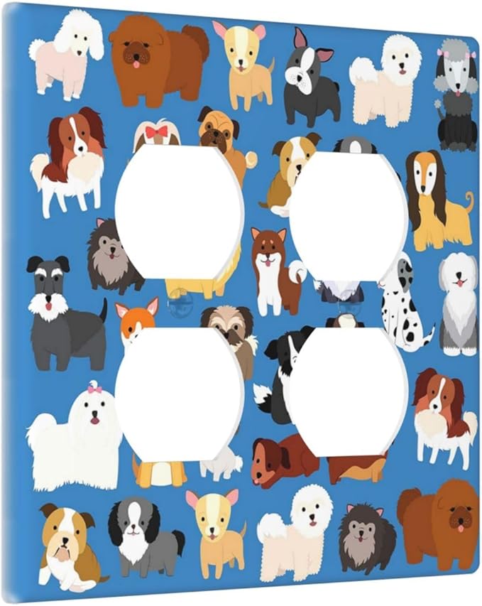 Cute Animal Dogs Puppy Decorative Outlet Cover Double Duplex Light Switch Plate Cover Electricity Receptacles Plates For Home Kitchen Living Bedroom 4.6 * 4.5